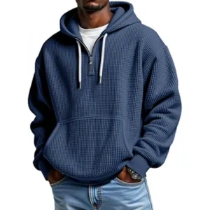 Men's Waffle Knit Quarter Zip Hooded Sweatshirt Solid Color Casual Loose Pullover Top