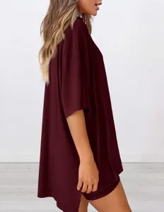 Casual loose solid color short sleeve and shorts two-piece set for women summer apparel detail