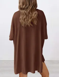 Women casual solid color loose short sleeve top comfortable everyday basic apparel outfit.
