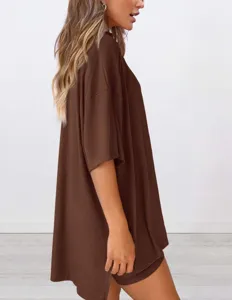 Detail view of the casual solid color crew neck short sleeve and shorts lounge set in brown.