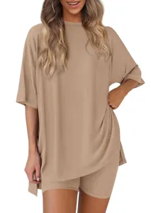 Casual solid color round neck short sleeve shorts set for women daily wear comfortable lounge