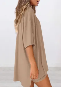 Casual solid color crew neck short sleeve top and shorts lounge set side view detail.