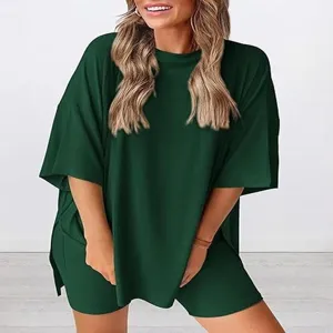 Detail view of the solid dark green loose casual short sleeve and shorts set outfit.