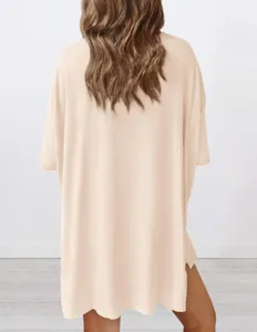 Detail view of casual loose solid color short sleeve top showcasing comfortable fabric fit.