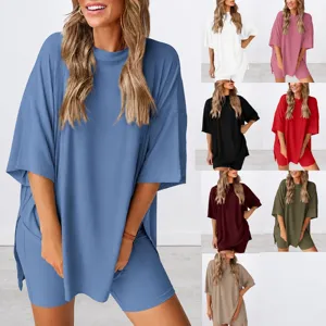 Women Casual Solid Color Short Sleeve Round Neck T-Shirt And Shorts Set Pocket Knit Loungewear