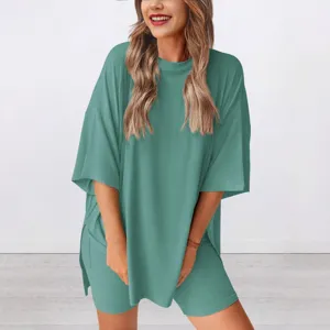 Casual solid color crew neck short sleeve top and shorts lounge set for women spring wear