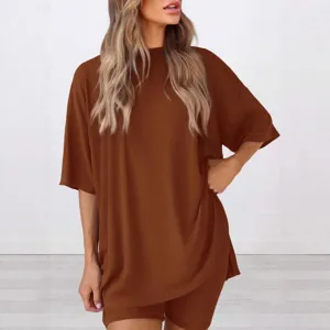Casual solid color O-neck short sleeve top and comfortable shorts loungewear set for women.