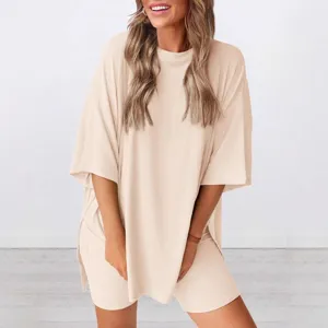 Casual solid color crewneck short sleeve top and shorts lounge set for women daily wear.