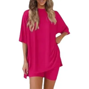 Casual solid color round neck short sleeve t-shirt and shorts lounge set for women daily wear