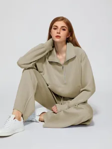 Women casual two-piece outfit oversized half zip sweatshirt wide leg pants khaki loungewear