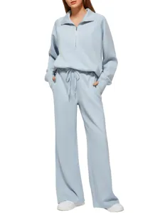 Women's half-zip sweatshirt and wide-leg sweatpants casual tracksuit two-piece set light blue