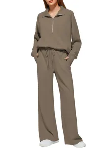 Women casual half-zip sweatshirt and wide-leg sweatpants two-piece athleisure lounge set.