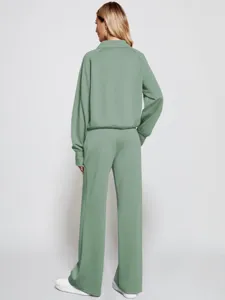 Women sage green half-zip sweatshirt and wide-leg sweatpants two piece lounge set