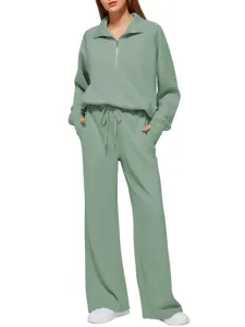 Women sage green oversized half zip sweatshirt and wide leg sweatpants lounge two piece set.
