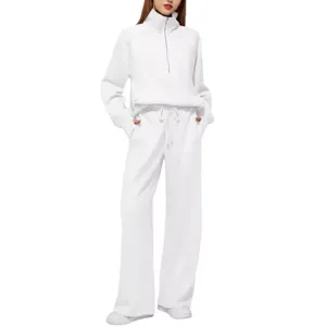 Women's half zip sweatshirt and wide leg sweatpants two piece casual tracksuit white