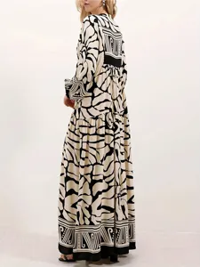 Black and white geometric print maxi dress back detail, long sleeve stylish casual wear.