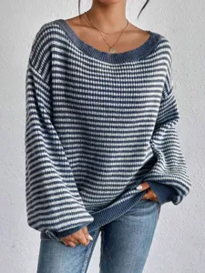 Detailed view of the women's striped lantern sleeve knit sweater featuring a stylish boat neck.