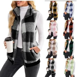 Women Plaid Fleece Vest Thermal Sleeveless Open Front Zip Up Winter Outerwear Tops