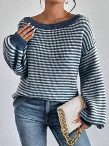 Women off shoulder striped knit sweater loose lantern sleeve pullover casual chic top