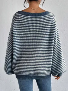 Detailed back view of the women's striped boat neck lantern sleeve casual knit sweater.