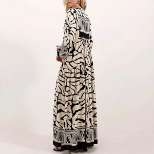 Women's Elegant Long Sleeve V-Neck Abstract Print Maxi Dress Casual Loose Belted Long Robe Dress With Lantern Sleeves