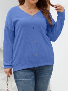 Blue V-neck button knit sweater long sleeve casual pullover top for women comfortable stylish wear