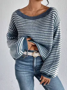 Casual off-the-shoulder striped knit sweater with lantern sleeves and loose fit style.