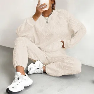 Women cable knit sweater and jogger pants matching set casual two piece loungewear outfit