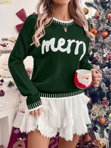 Detailed view of the dark green Christmas knit sweater featuring cozy long sleeves and festive merry text.