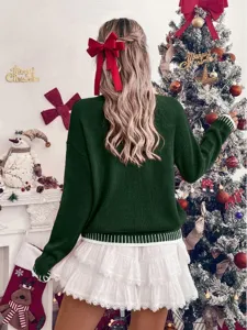 Women green knit sweater casual long sleeve loose pullover for winter and autumn fashion.