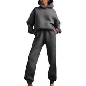 Women thick solid color casual hooded sweatshirt and sweatpants tracksuit outfit set