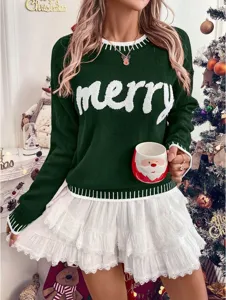 Christmas theme knitted sweater detail showing cozy green knit fabric with merry text and design.