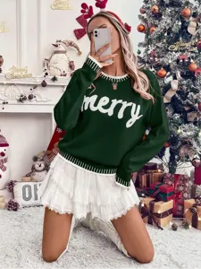 Christmas green knit sweater featuring merry text and white ruffle skirt in festive holiday scene.