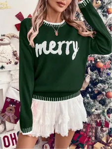 Women's dark green Christmas knitted sweater with white merry text long sleeve top