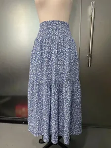 Plus size high-waist floral maxi skirt for women, elegant blue and white printed long skirt.