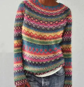 Close-up detail of the colorful geometric patterned knit sweater, showing soft texture.