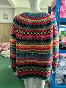 Detailed back view of women colorblock crewneck knit sweater, vintage geometric retro pattern.