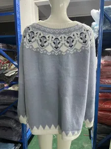 Back detail of women casual loose knit sweater with classic patterned yoke design.