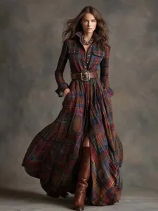 Detailed view of the vintage plaid long sleeve shirt dress with belt and maxi hemline.