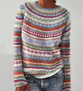 Cozy colorful Nordic pattern knit sweater for women, casual crewneck pullover winter top.