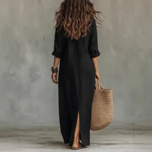 Robe Longue Décontractéeunie pour Femmes à Revers Fendue à l'Avant Manches Longues Printemps Été Élégante Quotidienne