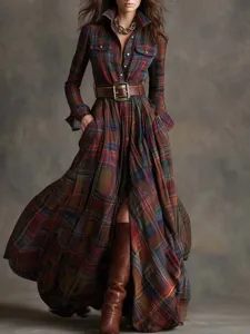 Close-up detail of the vintage plaid maxi dress featuring long sleeves and wide belt styling.