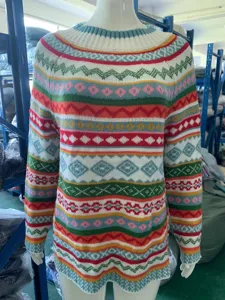 Colorful geometric patterned crew neck knit sweater, loose fit long sleeve pullover for women.
