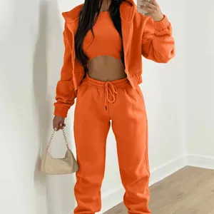 Women 3 Piece Tracksuit Zip Hoodie Crop Top Sweatpants Casual Activewear Orange Outfit
