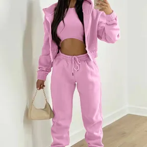 Pink three piece tracksuit set women fleece hoodie crop top sweatpants casual wear