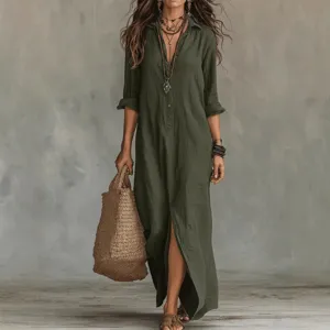 Robe longue unie élégante à manches longues et fente avant décontractée printemps été
