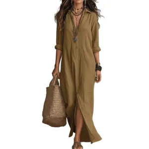 Robe maxi décontractée unie à manches longues et fente avant pour femmes au printemps été