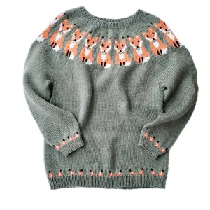 Women knit sweater crew neck long sleeve fox pattern casual pullover top stylish jumper