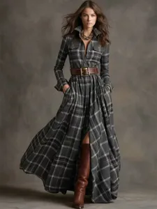Detailed view of the retro plaid long sleeve shirt dress with chic belt and boots styling.