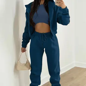 Women three piece tracksuit set casual crop top hoodie and sweatpants winter fashion activewear